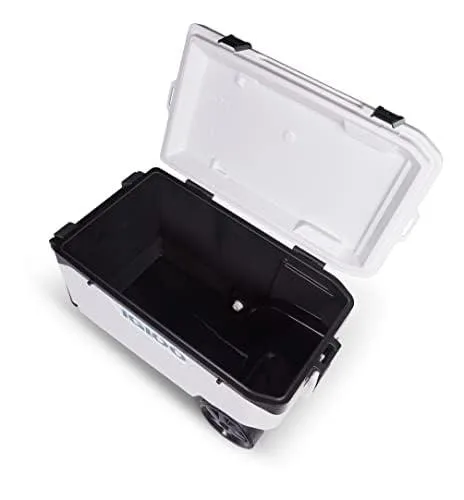 Large white insulated cooler chest with oversized wheels and swing-up handle