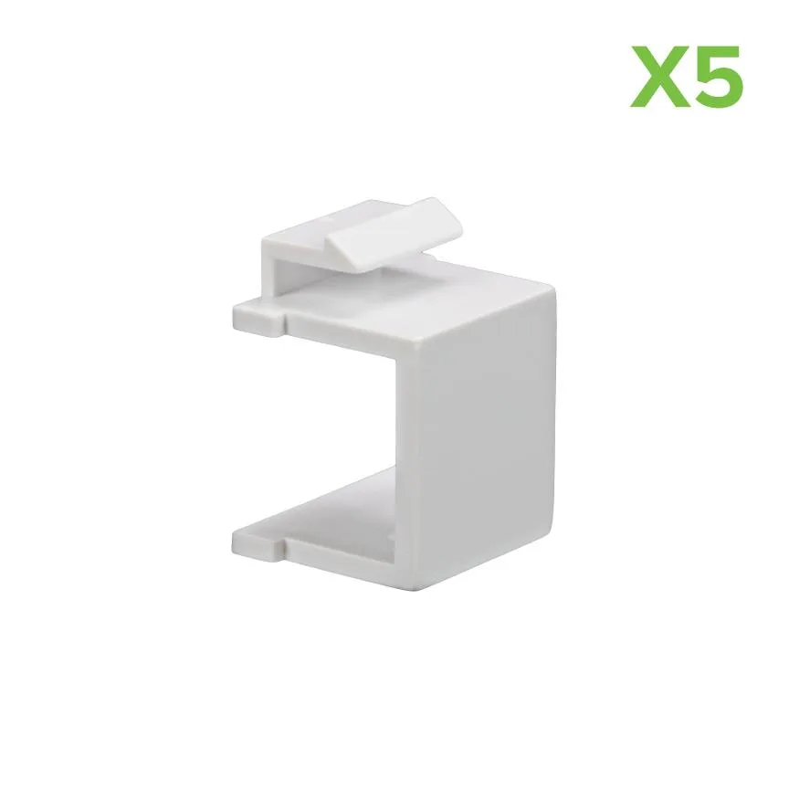 Five white rectangular keystone blank inserts on a plain surface