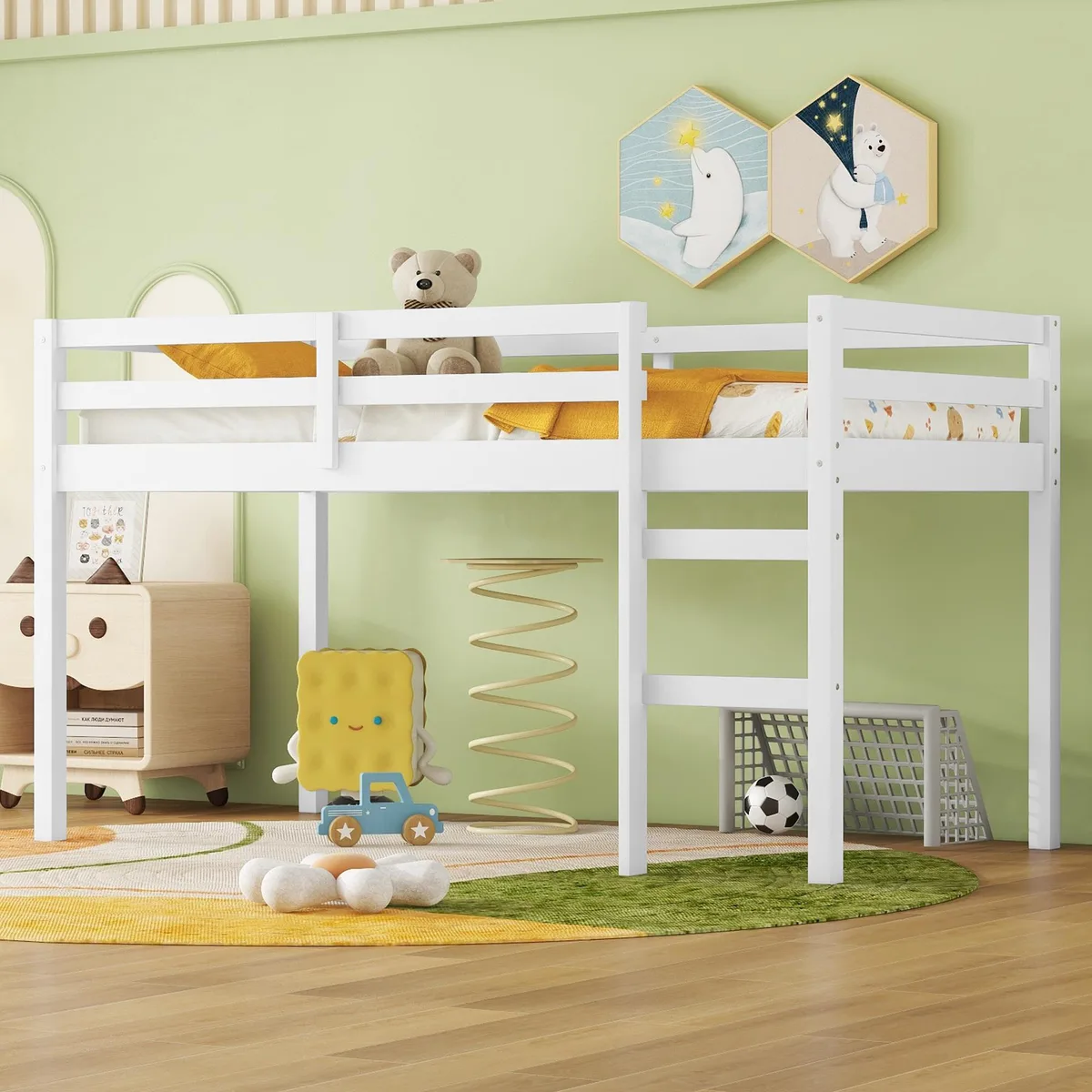 White rubber wood twin loft bed with ladder and 13 slats