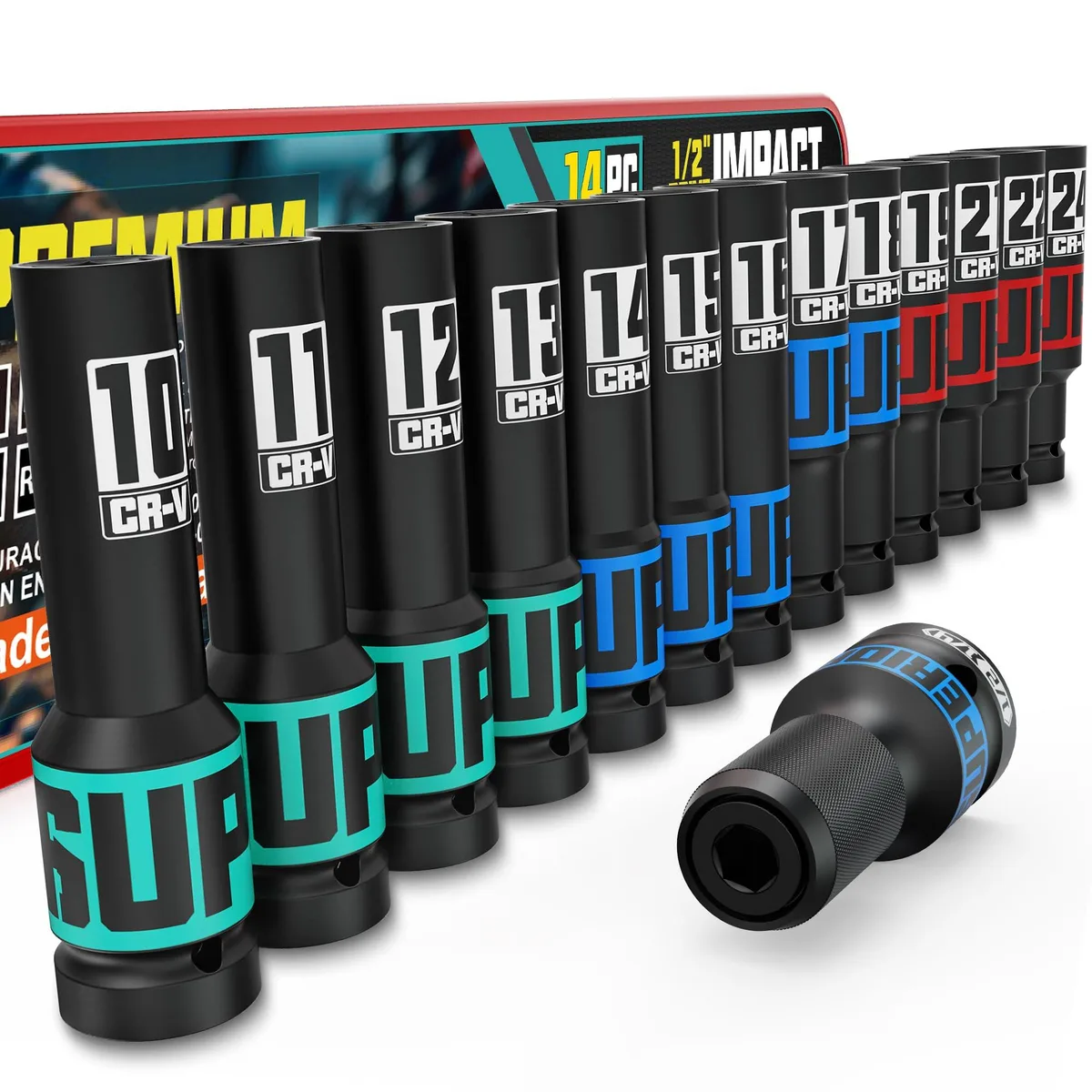 Fourteen deep metric impact sockets 10 to 24 mm in black case