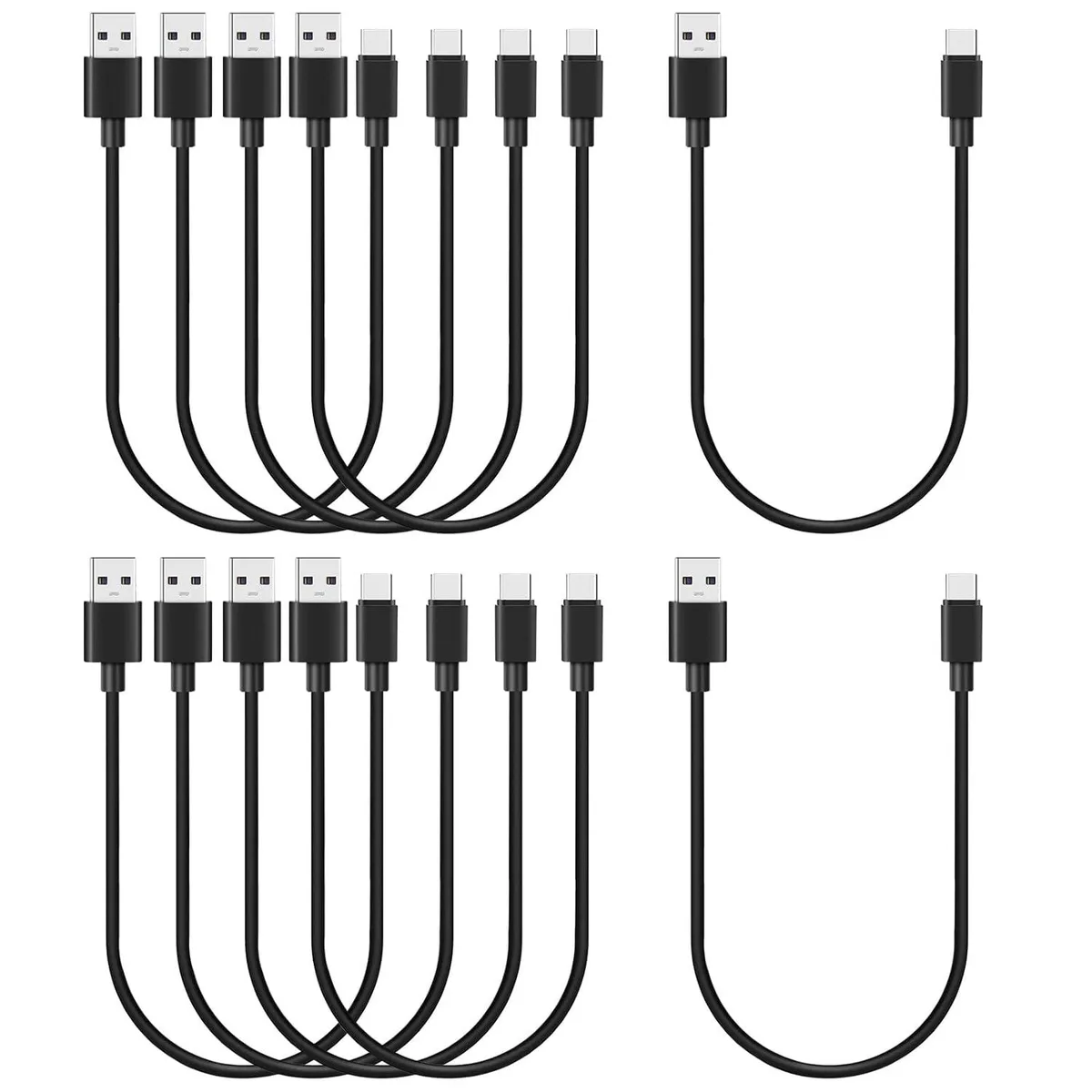 Ten short black USB-A to USB-C cables coiled together