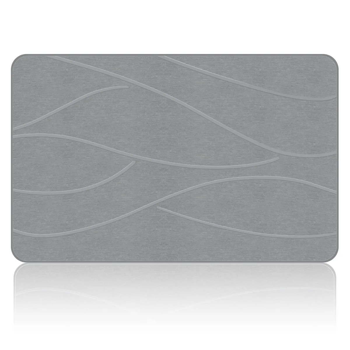 Gray rectangular stone bath mat with subtle striped pattern, smooth matte surface, rubber backing visible at edges