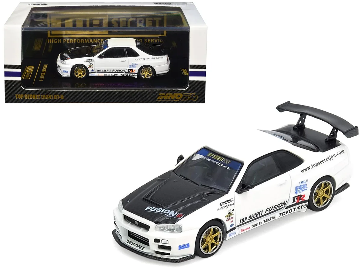 Inno Models Inno Models Nissan Skyline GT-R (R34) "Top Secret" RHD White Carbon Hood 1/64 Diecast — product photo