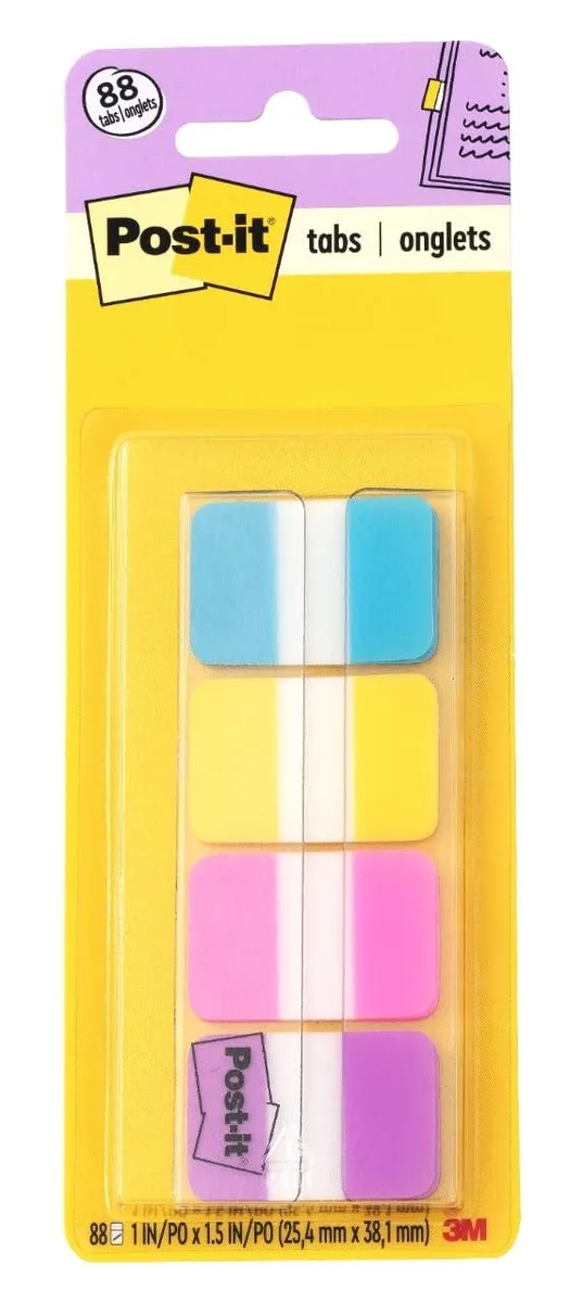 Post-it Sticky Tabs dispenser with 88 colored tabs in aqua, yellow, pink, violet