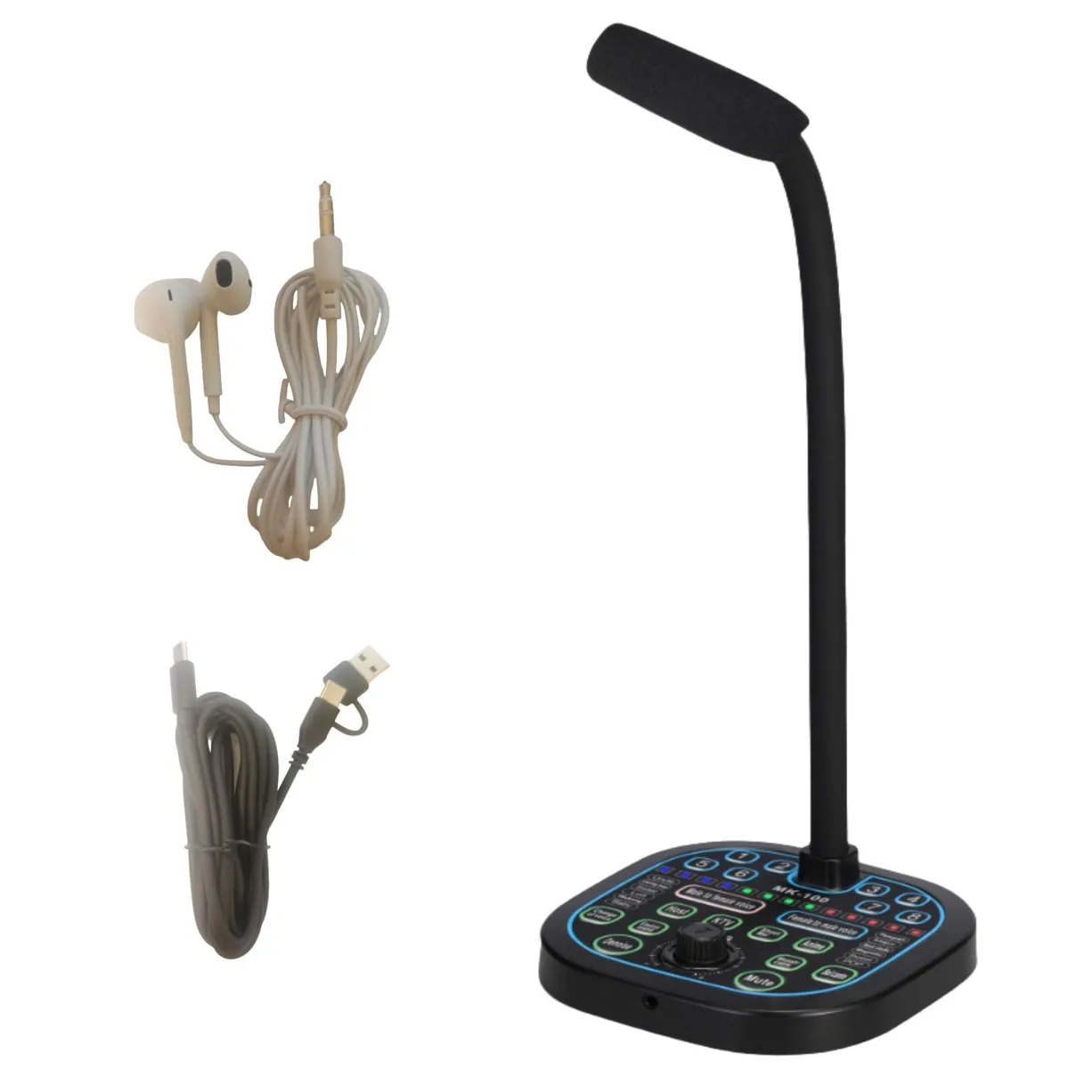 Compact USB-C voice changer microphone with mute button, matte finish