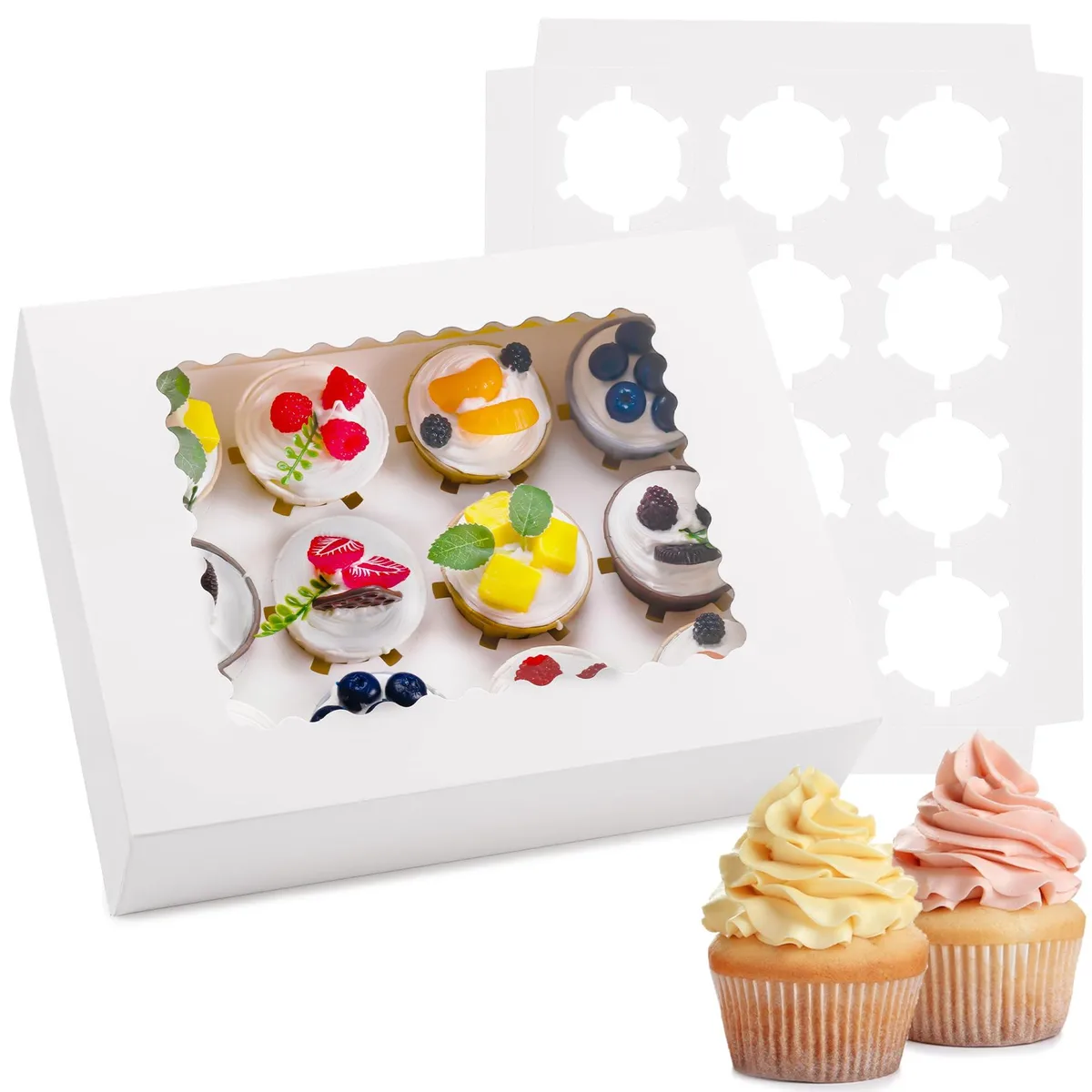 Six white cupcake boxes with clear windows and red accents, each holding twelve cupcakes