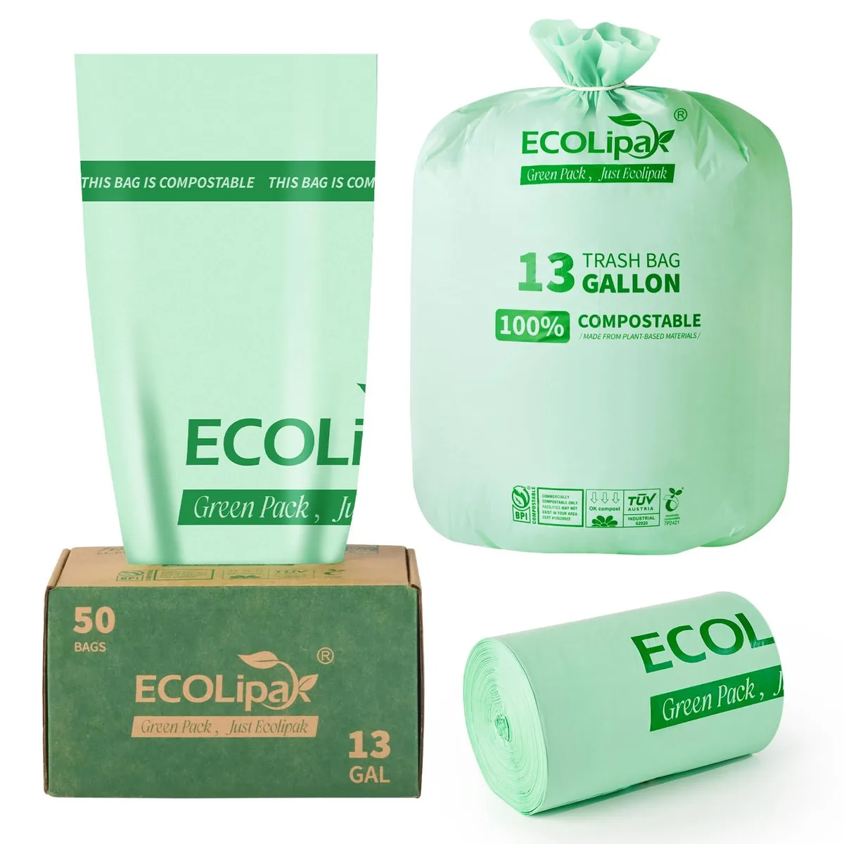 A roll of 50 compostable 13-gallon kitchen trash bags in corn-based PLA material