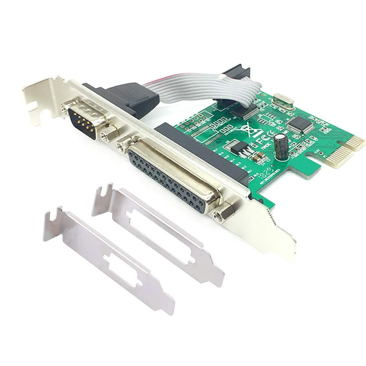 Green circuit board with metal bracket and serial parallel ports