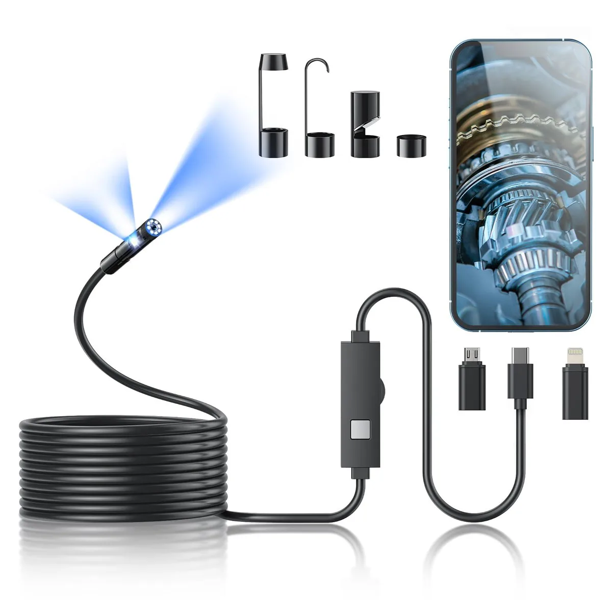Black USB video capture device with semi-rigid 16.4ft cable and 7.9mm waterproof camera head