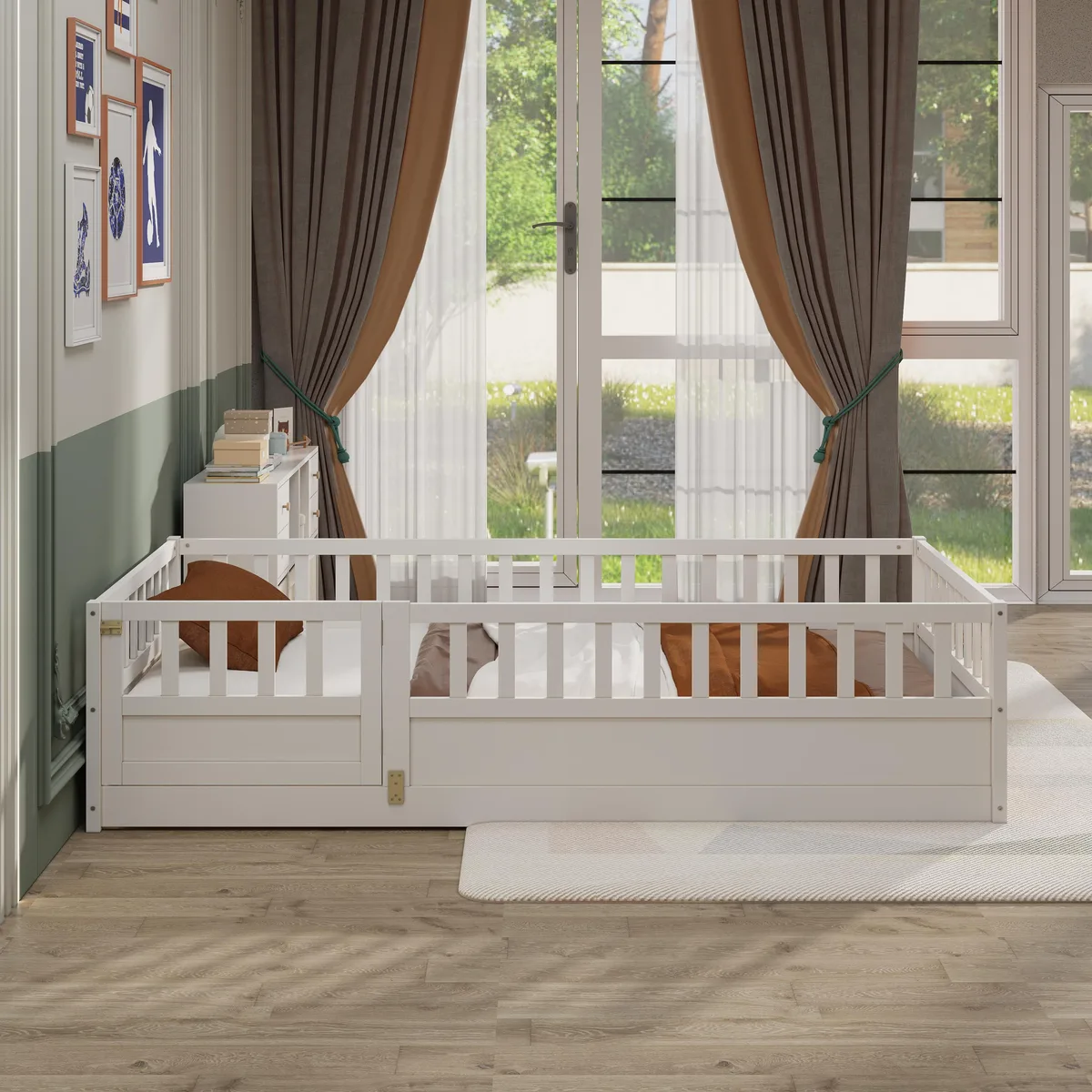 White pine twin floor bed with high guardrails and doorway