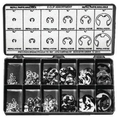 Plastic box filled with 265 carbon steel E-clips in assorted sizes
