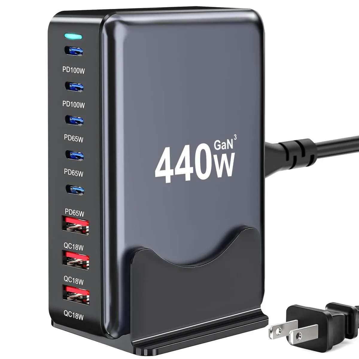 Rectangular GaN charger block with five USB-C and three USB-A ports