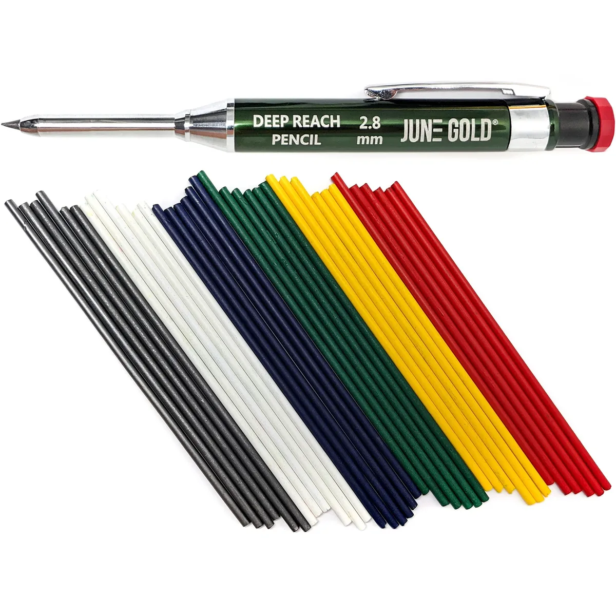 Blue metal mechanical pencil with leather grip, retractable tip, built-in sharpener, plastic case, 36 colored refills
