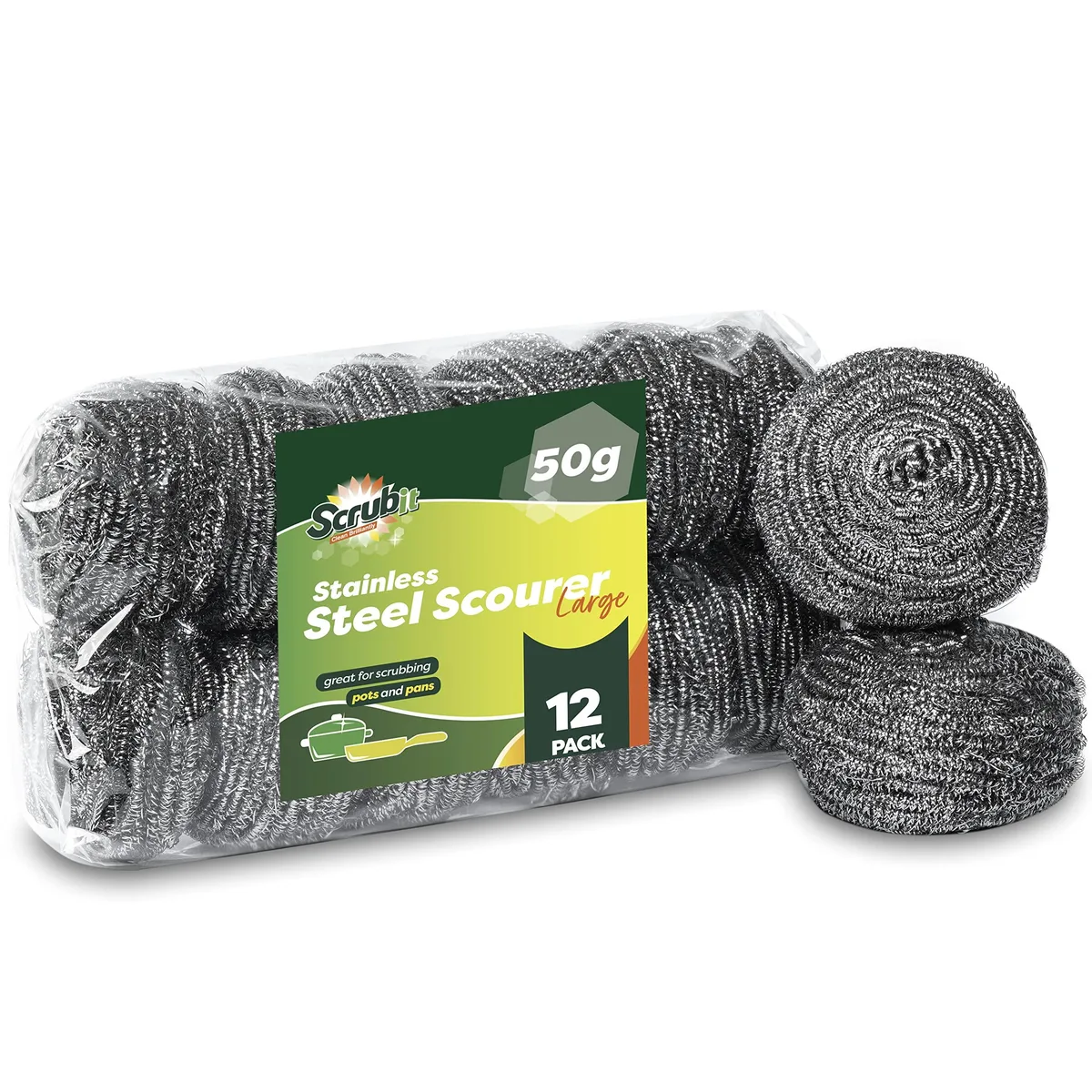 Twelve stainless steel scouring pads, each fifty grams, loose in a pack