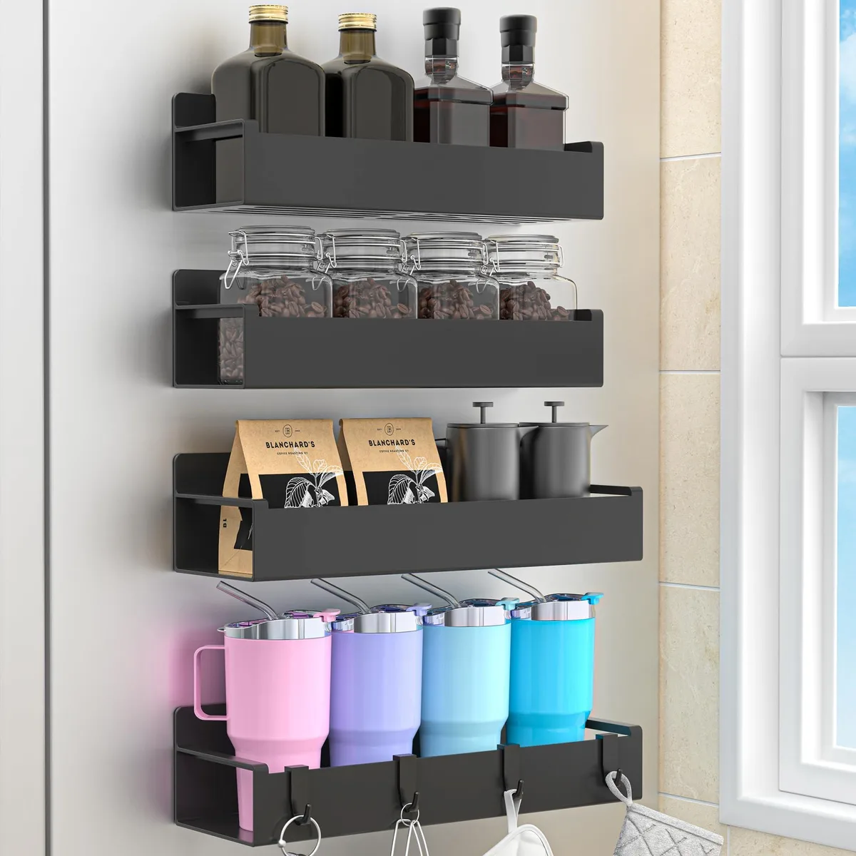 Four black ABS magnetic spice racks, two-tier round shelves, hooks included