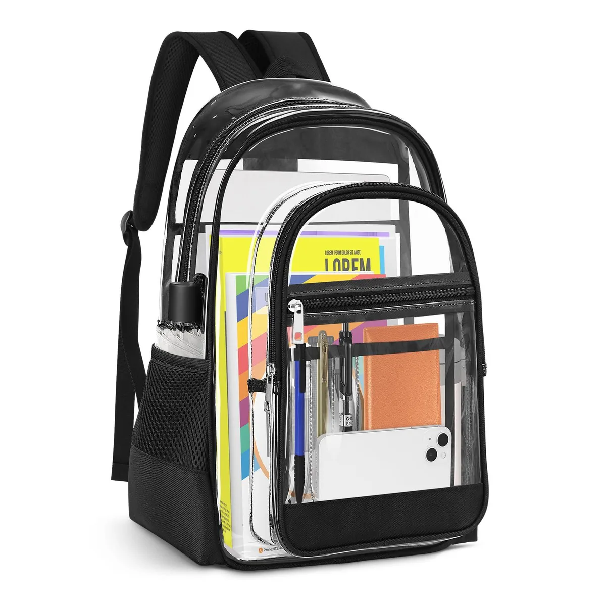 Transparent black PVC backpack with reinforced straps and multiple pockets