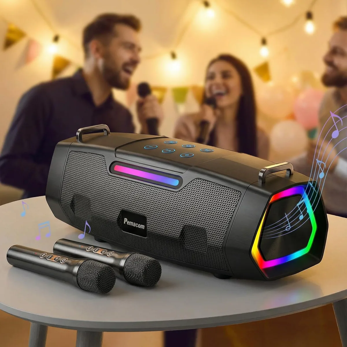  pemacom PM01 60W PA speaker with 2 wireless microphones Bluetooth 5.3 — product photo