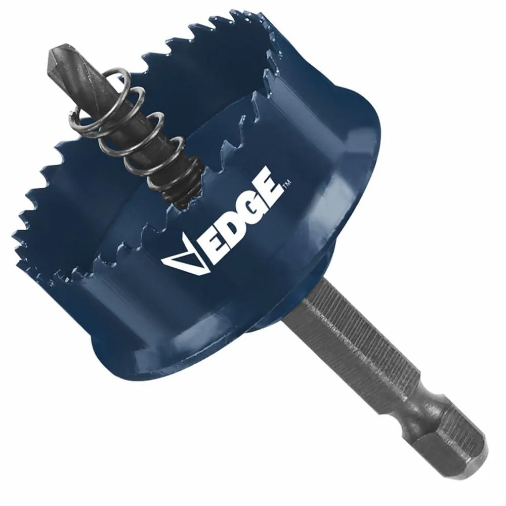 Black cylindrical hole saw with integrated hex shank and bi-metal teeth