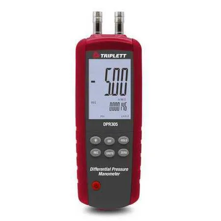 Handheld digital manometer with backlit display and quick-disconnect fitting, 7.2 in tall