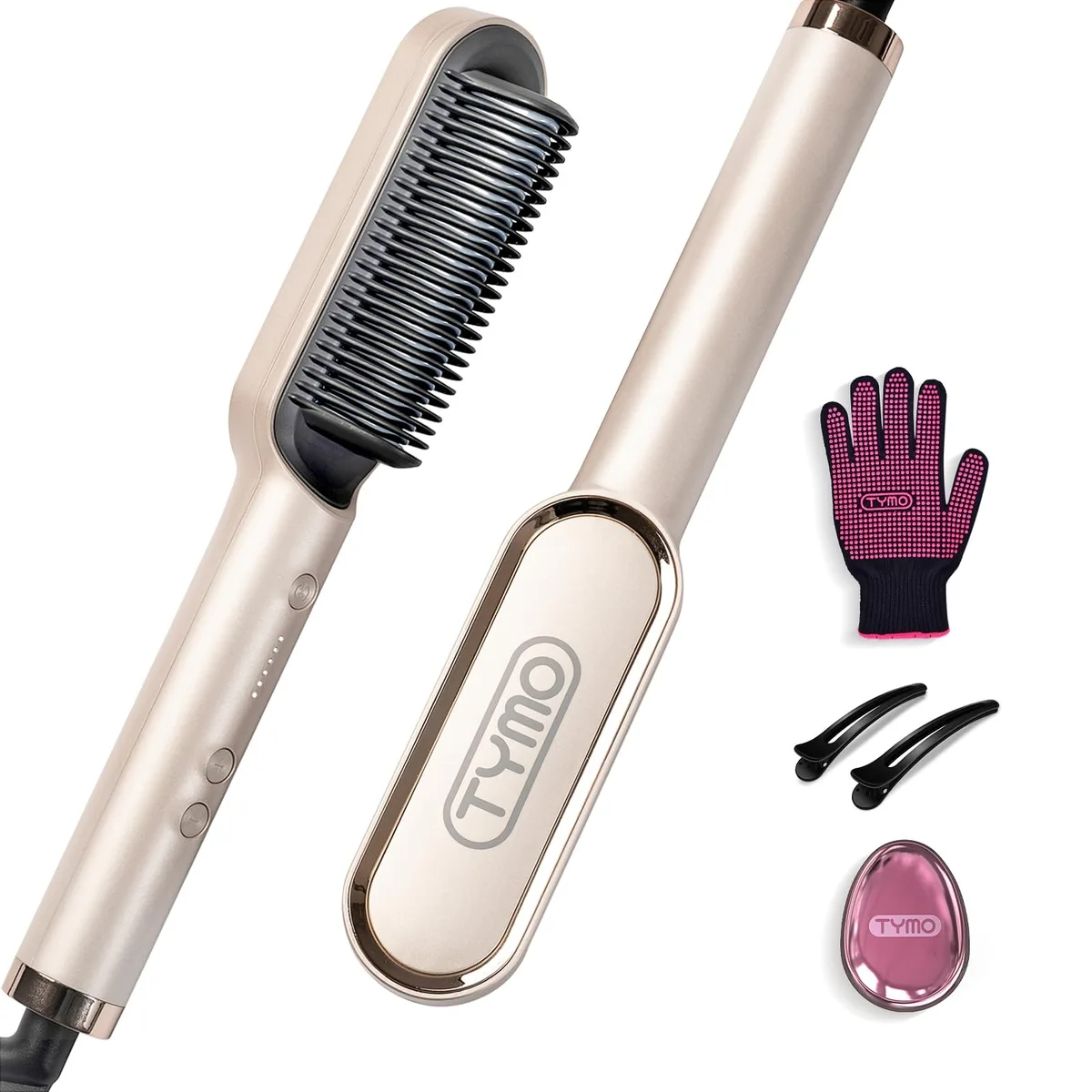 Gold hair straightener brush with ceramic teeth and V-shaped frame