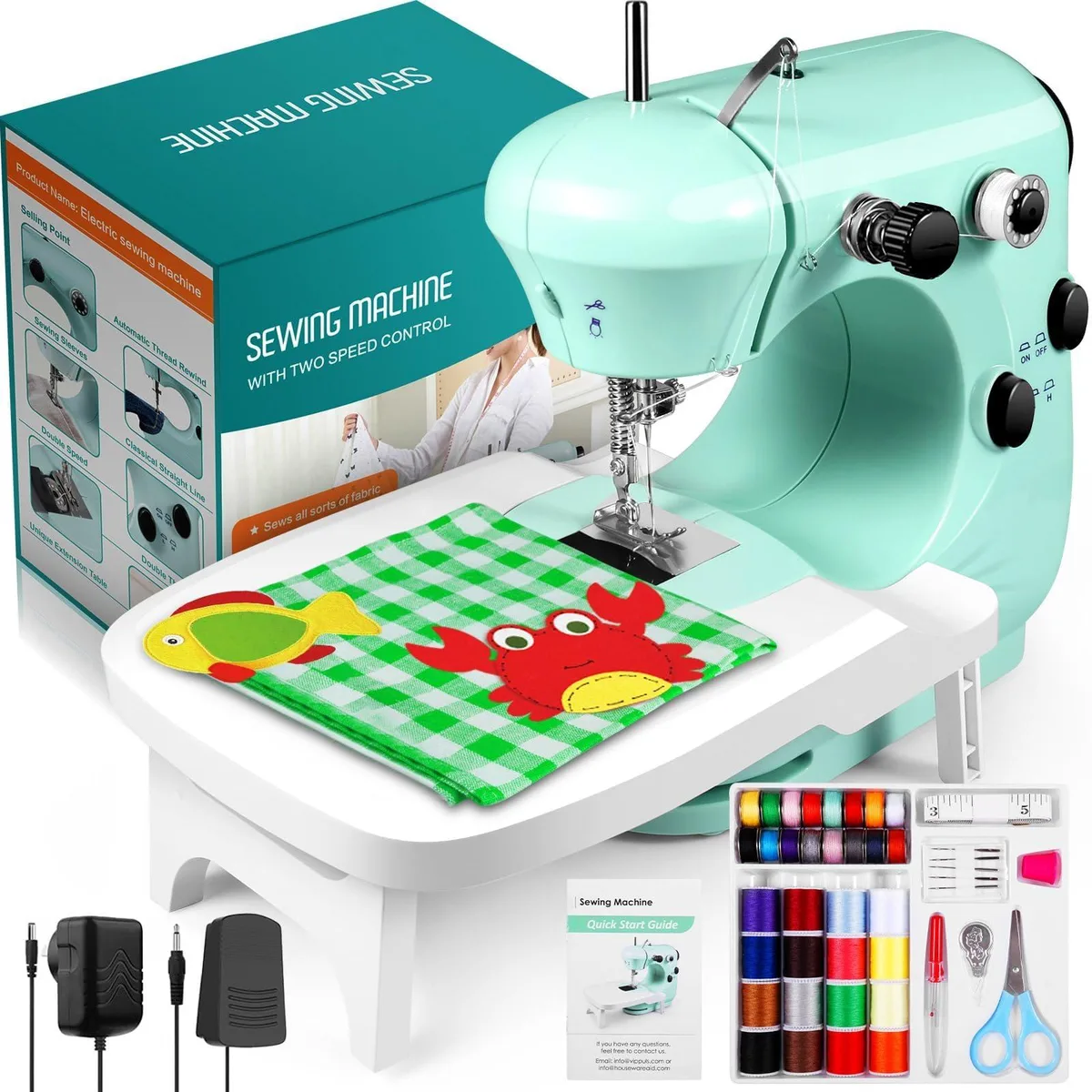 Compact green mini sewing machine with extension table and built-in light