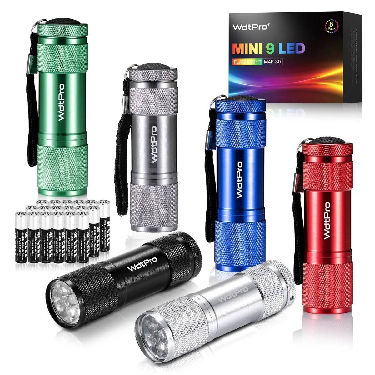 Six mini aluminium flashlights in assorted colours with lanyards