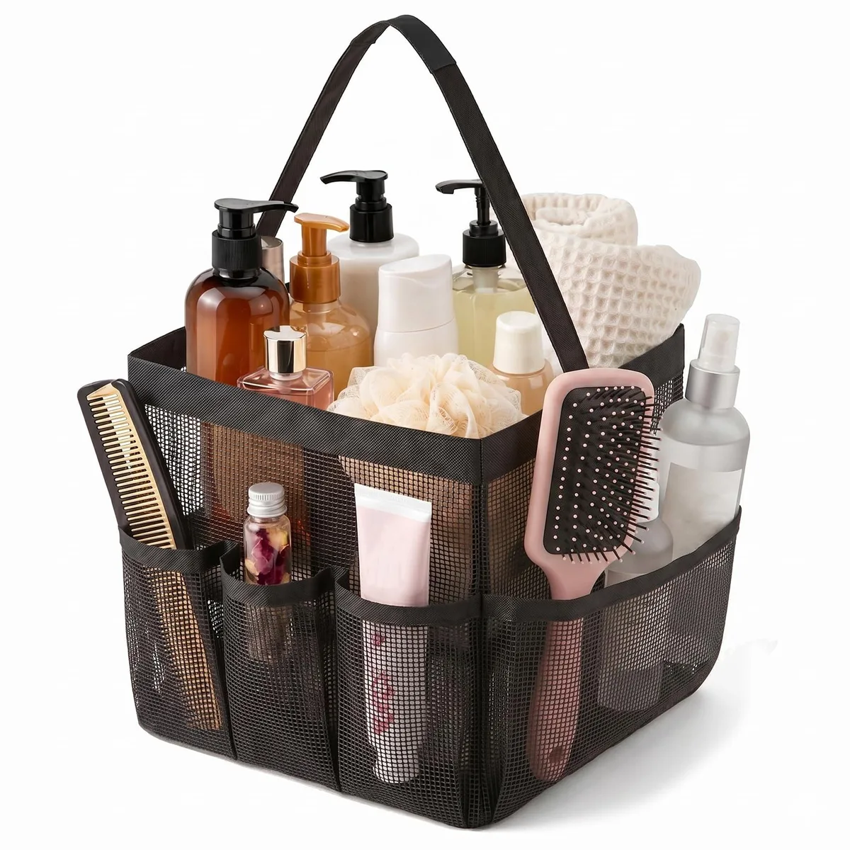 Black mesh shower caddy with nine pockets and reinforced handle