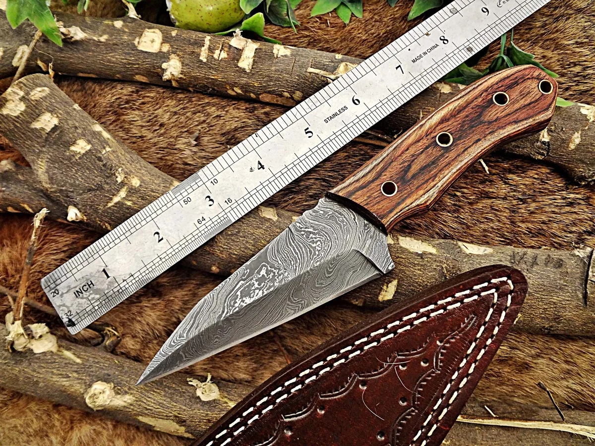 Damascus Depot Damascus Depot 8.5" Skinning Knife 4.5" Damascus Blade Dollar Wood Scale Leather Sheath — product photo
