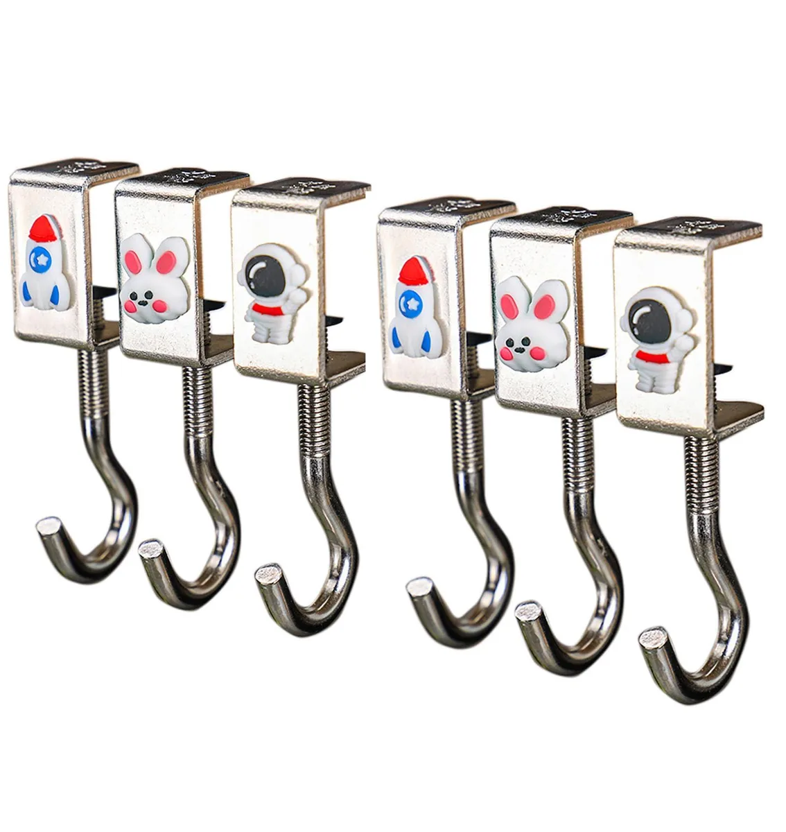 Six silver alloy table-mount hooks, adjustable up to 1.4 inch thick