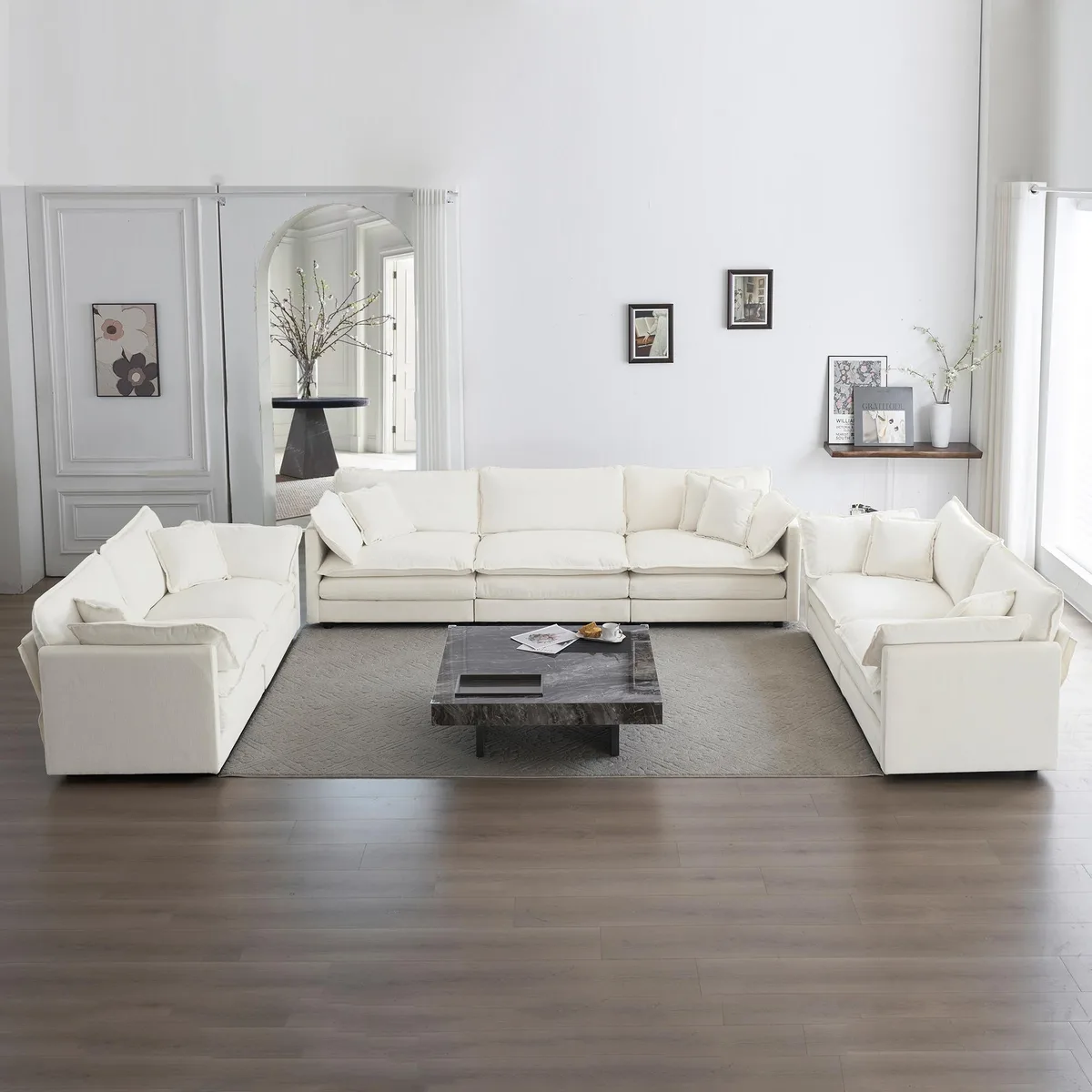 Three-piece white chenille sofa set: two two-seaters and one three-seater