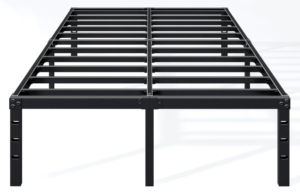 Black powder-coated metal queen bed frame, 14 inches high with under-bed clearance