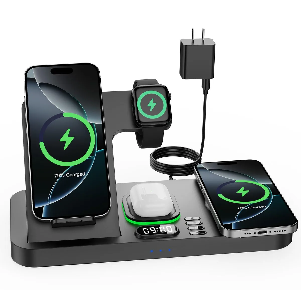 Black foldable wireless charging stand with dual phone pads, watch cradle, earbuds spot, clock display and coloured light ring