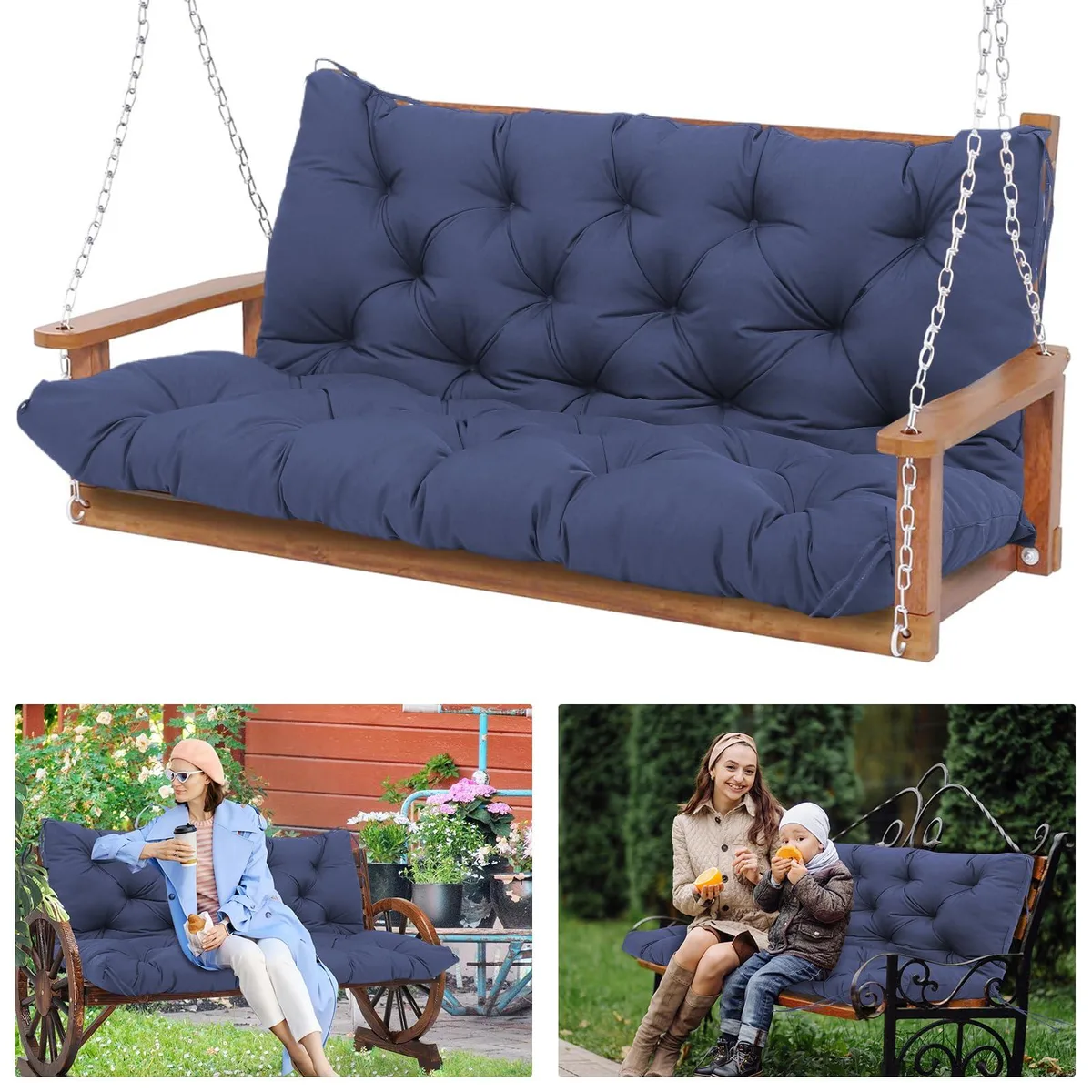 Navy blue rectangular porch swing cushion with backrest and ties, thick padded finish