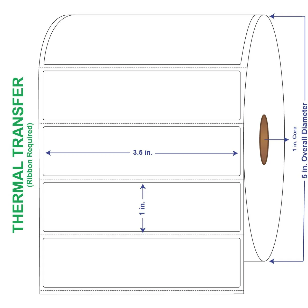 Four rolls of white perforated thermal transfer labels in a carton