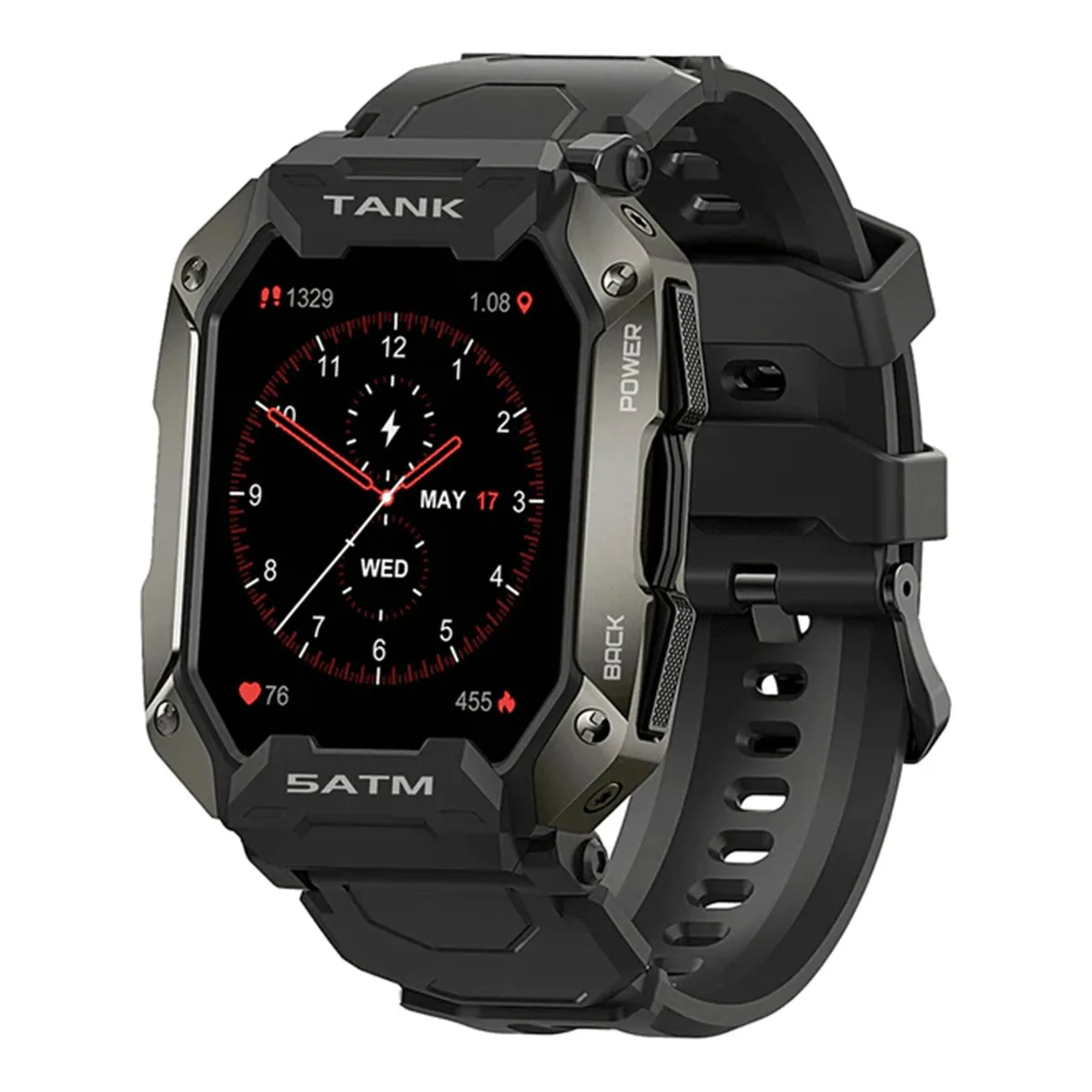 Black square smartwatch with silicone band and rugged plastic case