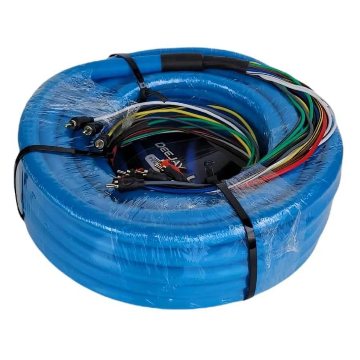 Blue LED strip light on reel with copper wiring and RCA connectors