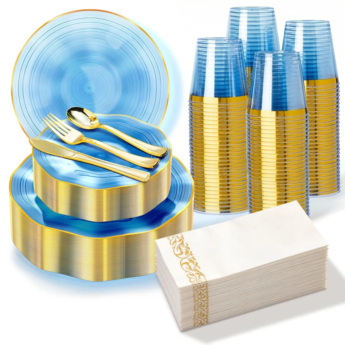 Blue disposable dinnerware set with gold-rimmed plates, silver cutlery, cups and napkins in a box