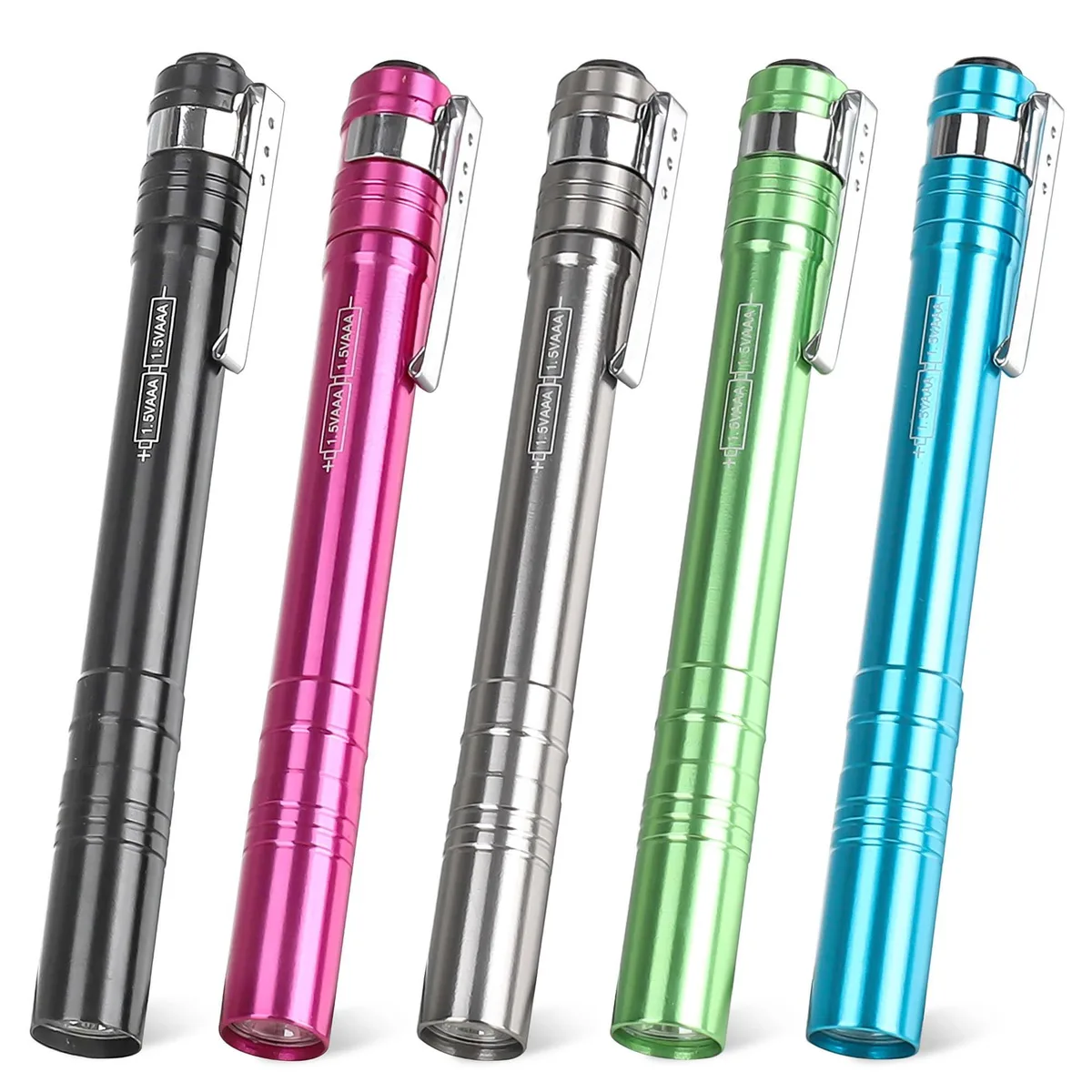 Five slim aluminium penlights with pocket clips, silver finish