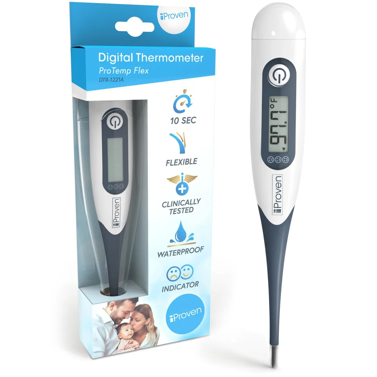 Grey digital thermometer with flexible tip and display