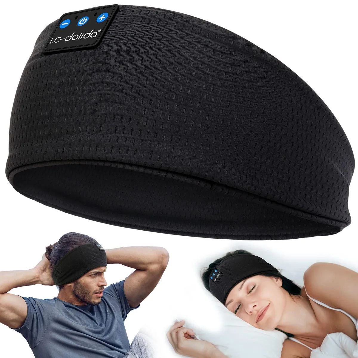 White fabric headband with integrated flat speakers and USB-C port