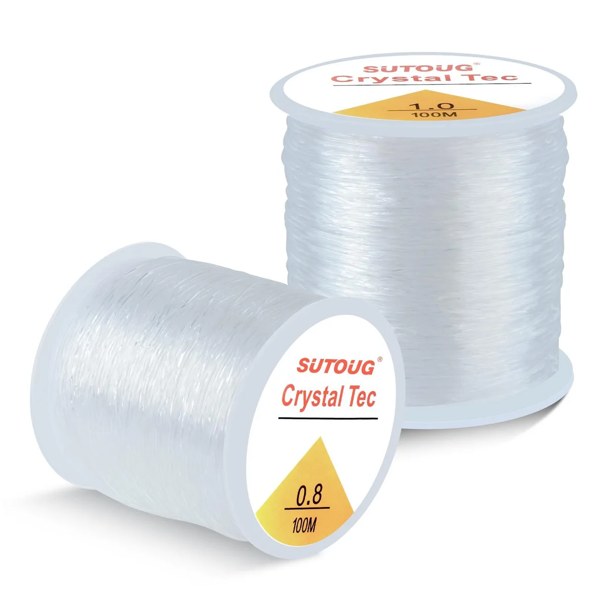 Two spools of clear elastic cord on white cores, 0.8mm and 1.0mm thickness