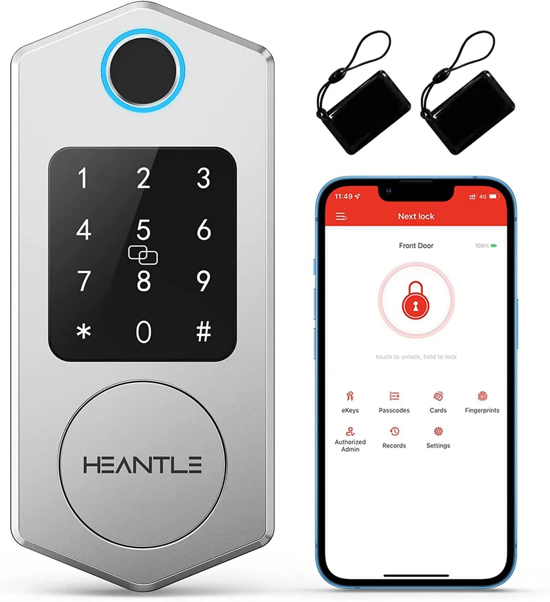 HEANTLE HEANTLE Smart Door Lock Silver Fingerprint Bluetooth .3s IP63 -30°C 70°C — product photo