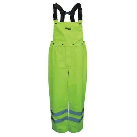 Green yellow high visibility polyester rain bib pants with adjustable cuffs and hook loop fly