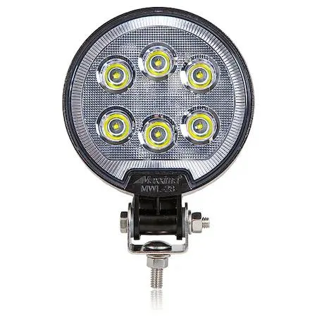 Black round LED work light with clear lens and bolt bracket