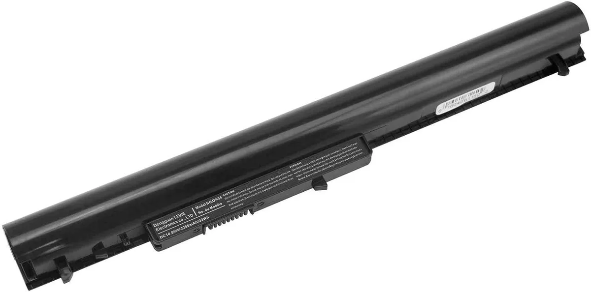 Rectangular black lithium-ion laptop battery with label and connector pins