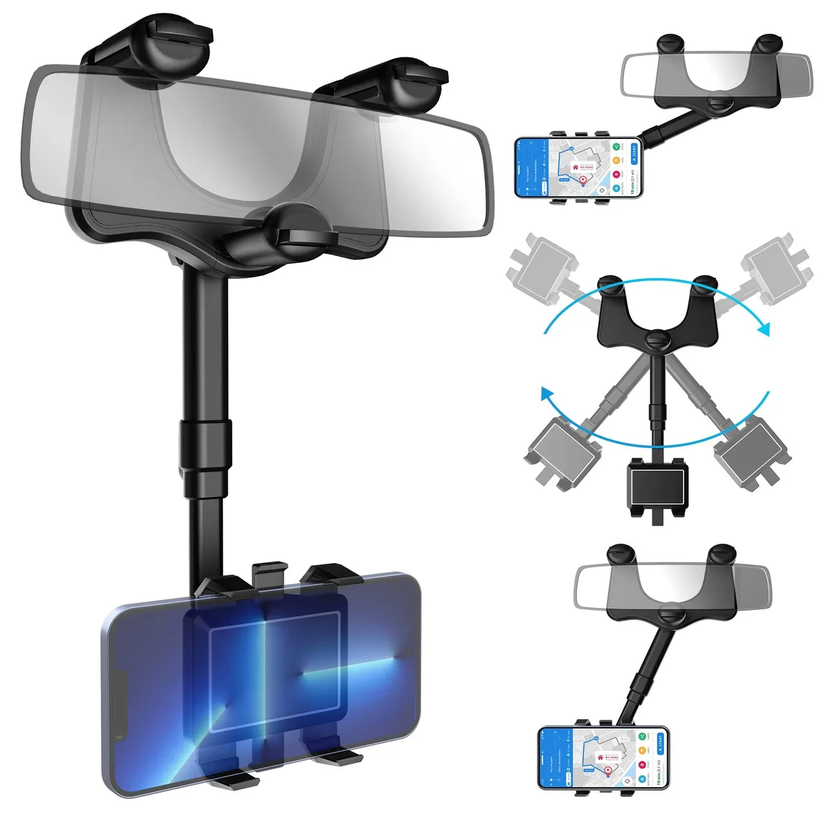 SXhyf RMPH-A1 rear-view mirror phone mount, 360° rotation, 5.0×3.0×3.0 in, black — product photo