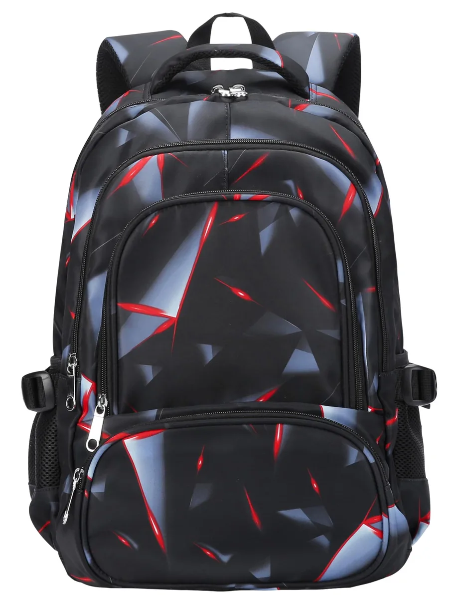 Black and red polyester kids' backpack, 17 inches high, geometric pattern, lightweight 1.02 lb