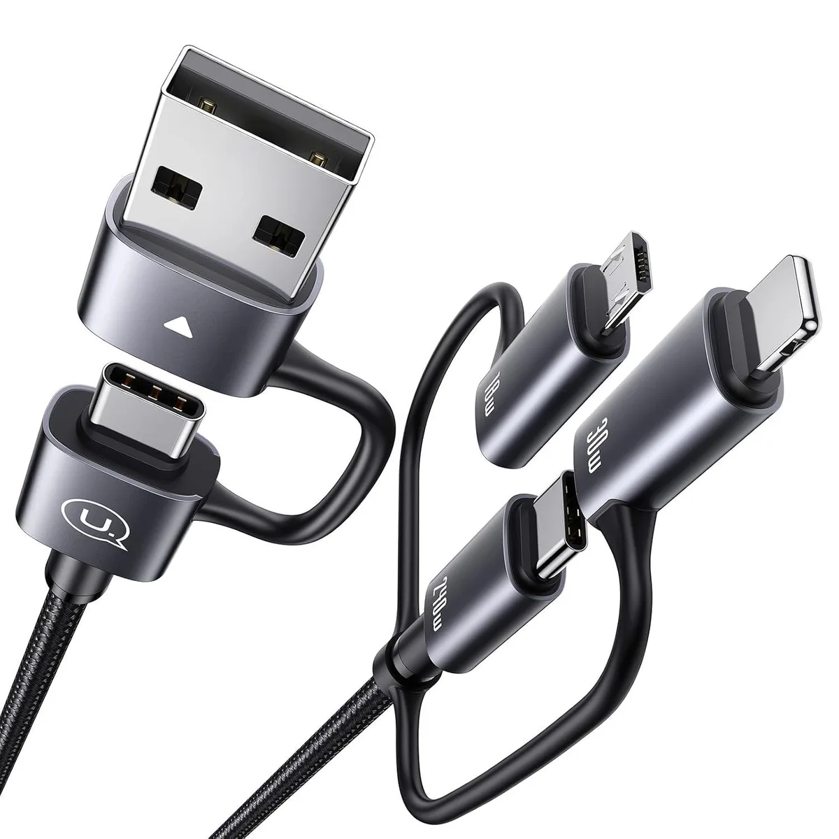 A black four-foot cable with USB-C, USB-A, Lightning, Type-C and Micro-USB connectors