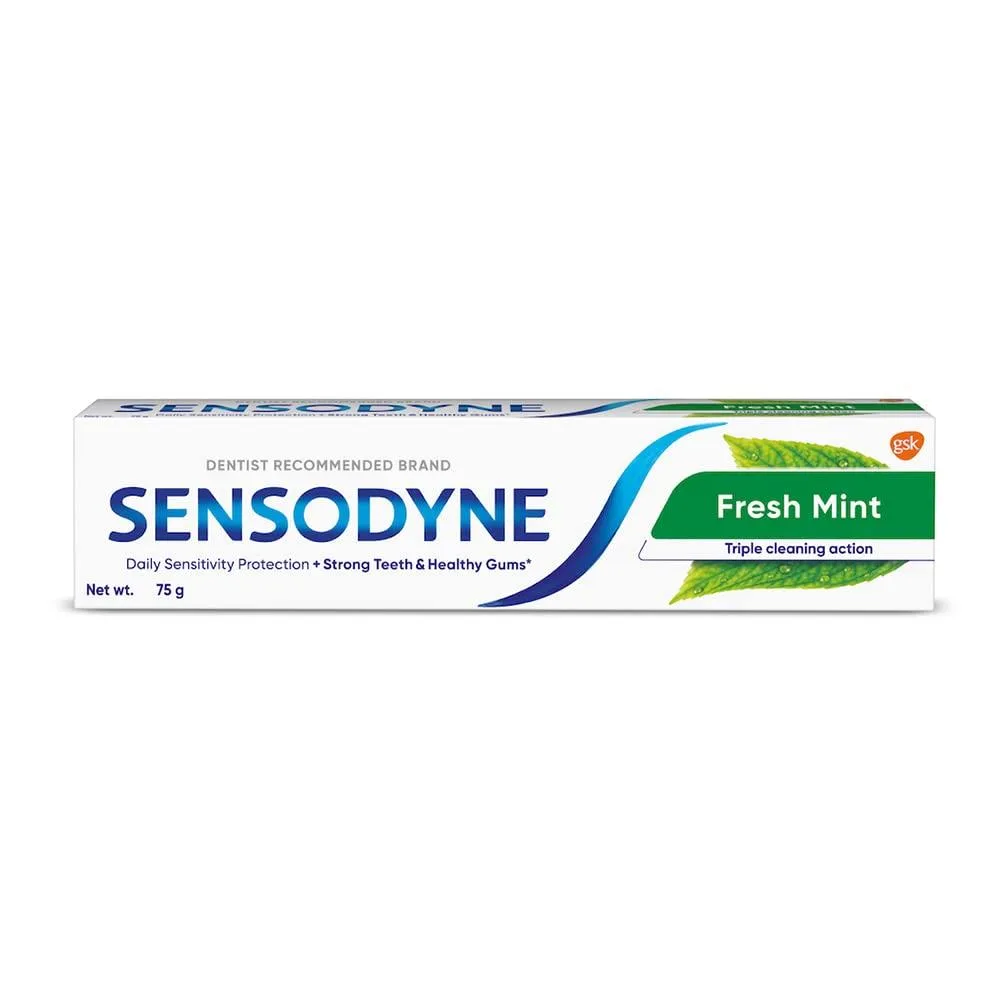 White 75g toothpaste tube with mint green accents