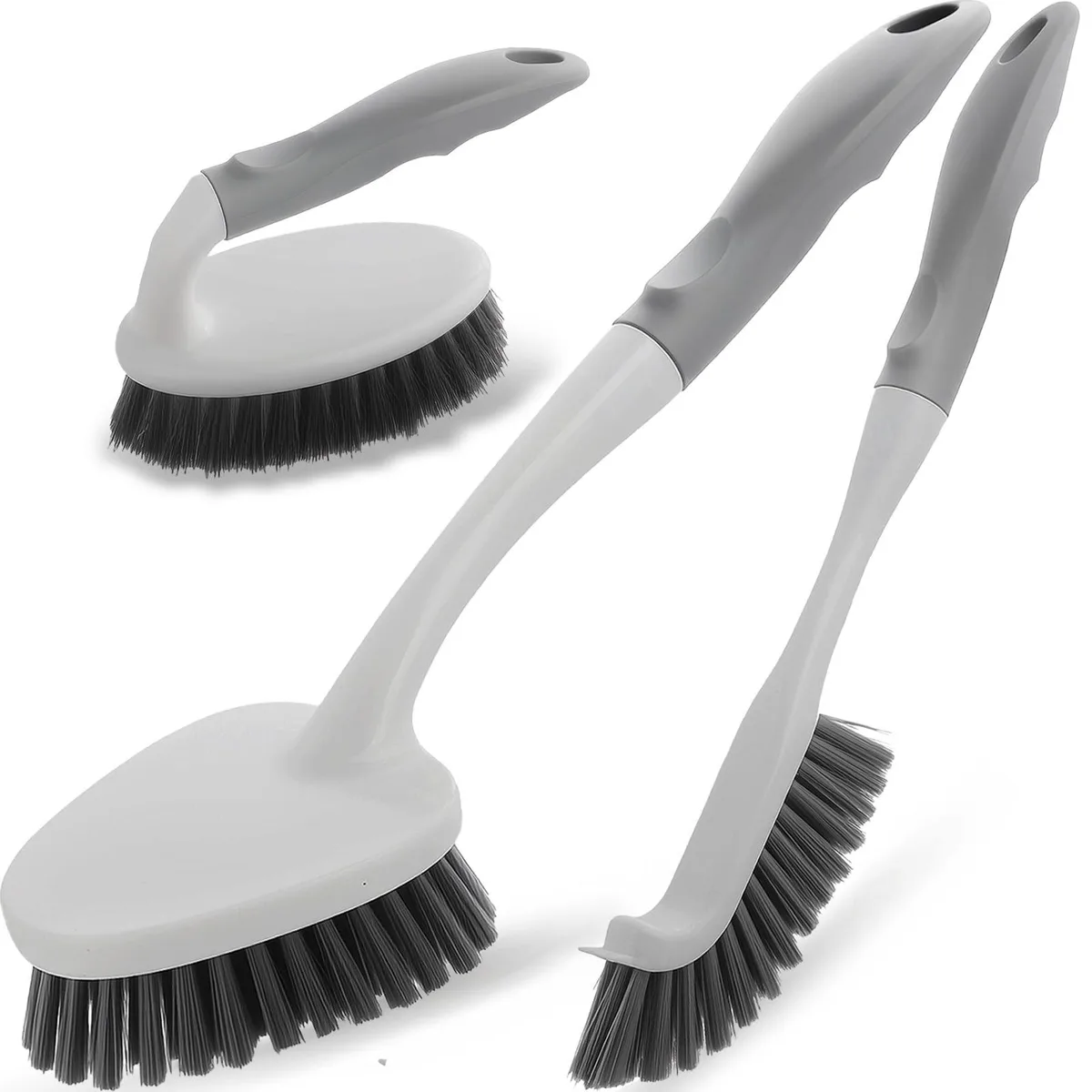 Three brushes with stiff bristles, one scraper head, plastic handles